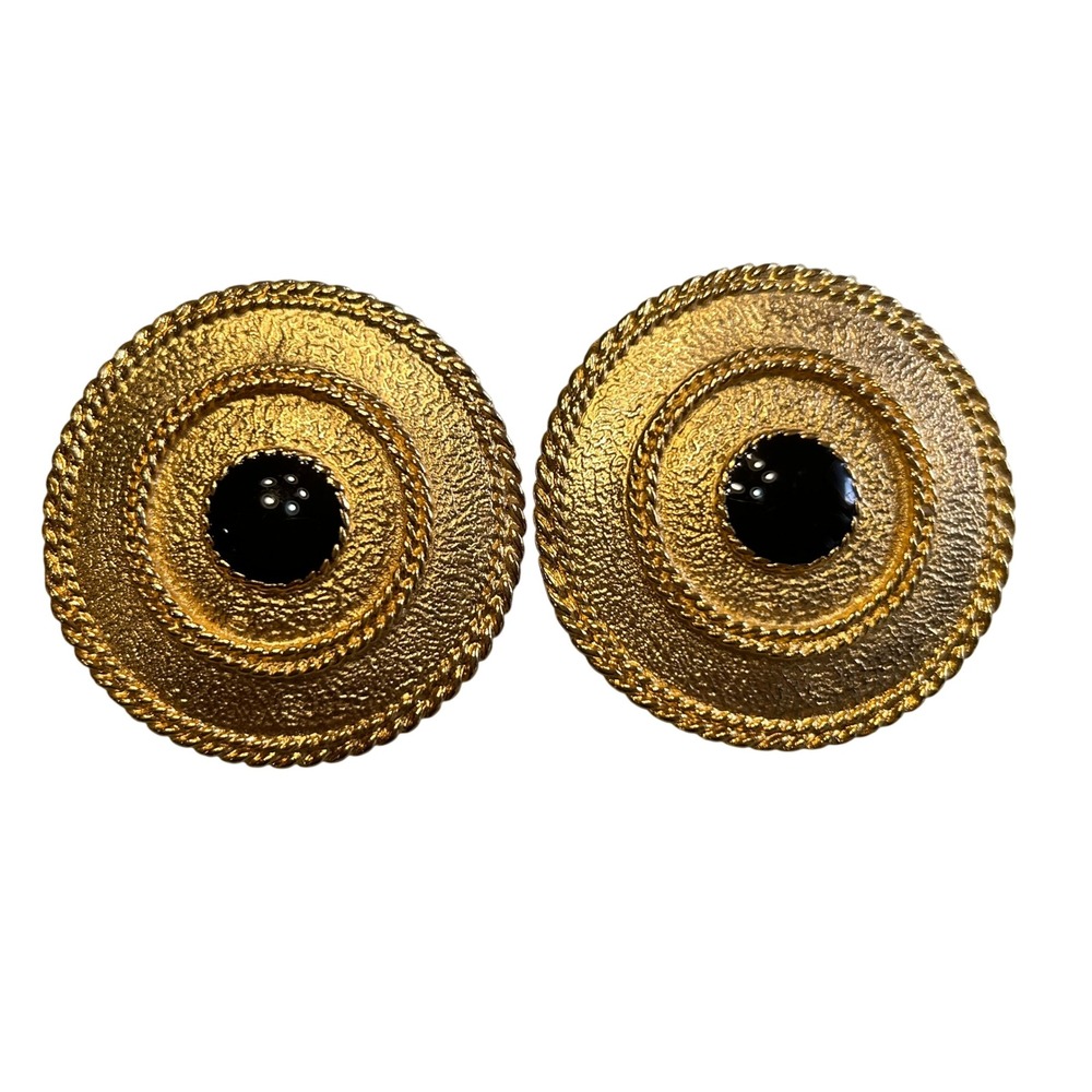 Kenneth Jay Lane Clip On Earrings OS Gold Black Textured Statement KJL